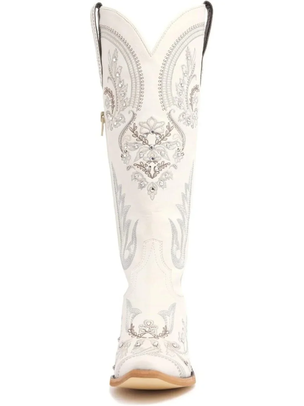 Women's Cream Knee High Faux Leather Pointed Toe Western Chunky Tall Heel Boots